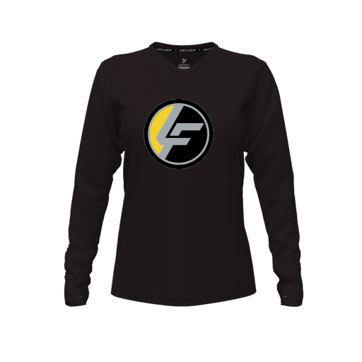 [CUS-DFW-TEES-CMF-VNK-LSL-BLK-FYXS-LOGO1] Decker Comfort T-Shirt (Female Youth XS, Black, V Neck, Logo 1, Long Sleeve)