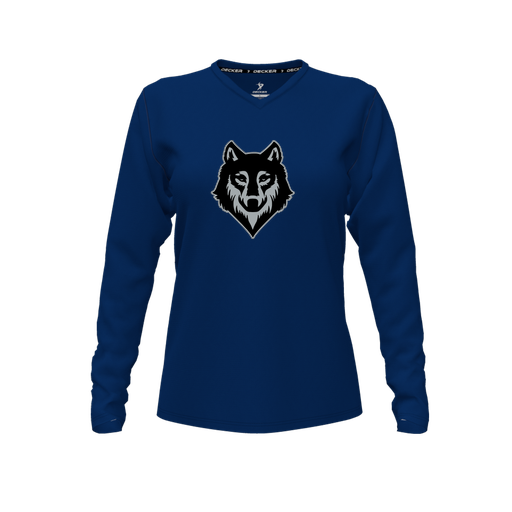 [CUS-DFW-TEES-CMF-VNK-LSL-NVY-FYXS-LOGO2] Decker Comfort T-Shirt (Female Youth XS, Navy, V Neck, Logo 2, Long Sleeve)