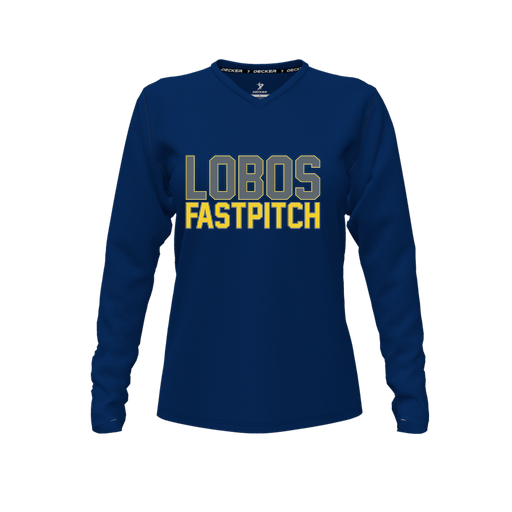 [CUS-DFW-TEES-CMF-VNK-LSL-NVY-FYXS-LOGO3] Decker Comfort T-Shirt (Female Youth XS, Navy, V Neck, Logo 3, Long Sleeve)