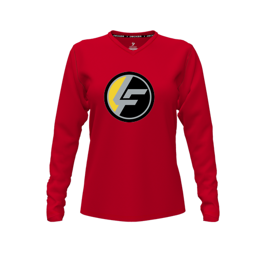 [FTLVCFRD-FYXS-LOGO1] Decker Comfort T-Shirt (Female Youth XS, Red, V Neck, Logo 1, Long Sleeve)
