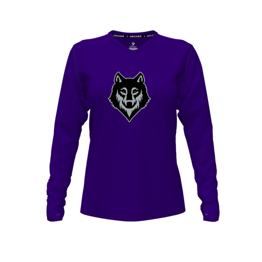 [CUS-DFW-TEES-CMF-VNK-LSL-PUR-FYXS-LOGO2] Decker Comfort T-Shirt (Female Youth XS, Purple, V Neck, Logo 2, Long Sleeve)