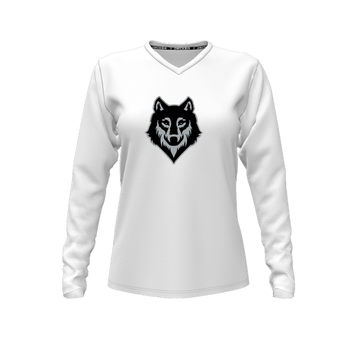 [FTLVPTWH-FYXS-LOGO2] Decker Performance T-Shirt (Female Youth XS, White, V Neck, Logo 2, Long Sleeve)