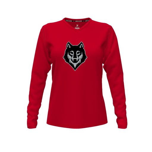 [CUS-DFW-TEES-PER-VNK-LSL-RED-FYXS-LOGO2] Performance T-Shirt (Female Youth XS, Red, V Neck, Logo 2, Long Sleeve)