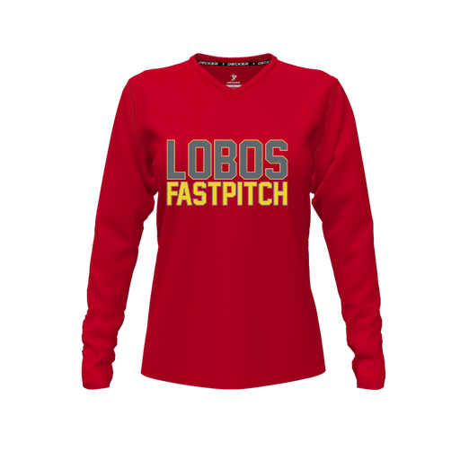 [CUS-DFW-TEES-PER-VNK-LSL-RED-FYXS-LOGO3] Performance T-Shirt (Female Youth XS, Red, V Neck, Logo 3, Long Sleeve)