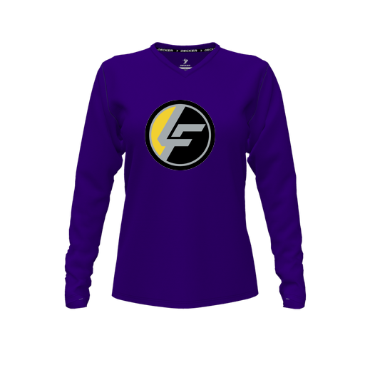 [CUS-DFW-TEES-PER-VNK-LSL-PUR-FYXS-LOGO1] Performance T-Shirt (Female Youth XS, Purple, V Neck, Logo 1, Long Sleeve)