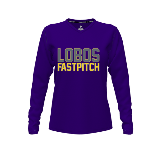 [CUS-DFW-TEES-PER-VNK-LSL-PUR-FYXS-LOGO3] Performance T-Shirt (Female Youth XS, Purple, V Neck, Logo 3, Long Sleeve)